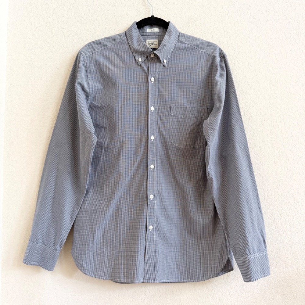 J.Crew Mens Slim Fit Micro Gingham Button Down Shirt Navy Blue White Medium M